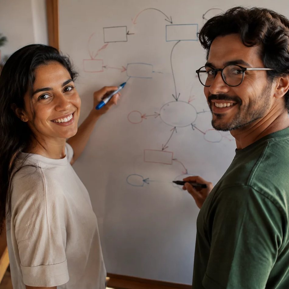 Duas participantes de pé junto ao quadro branco, desenhando as partes de um argumento